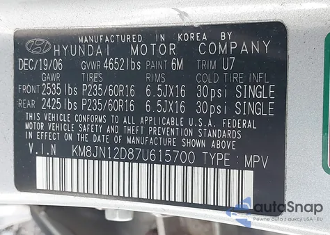 2007 Hyundai Tucson Limited/Se z USA, uszkodzony, nr VIN KM8JN12D87U615700